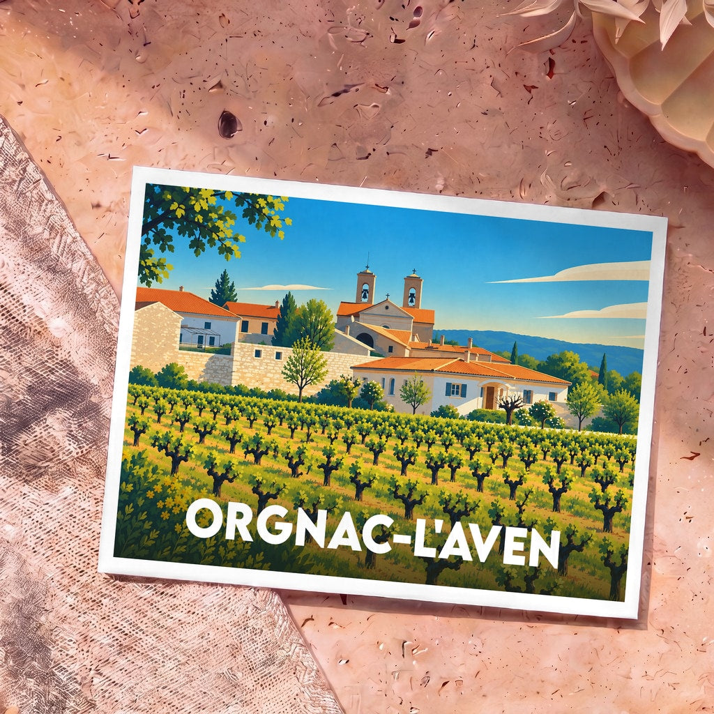 Carte postale souvenir de la ville d'Orgnac-l'Aven illustrant un paysage de vignobles et son église provençale.