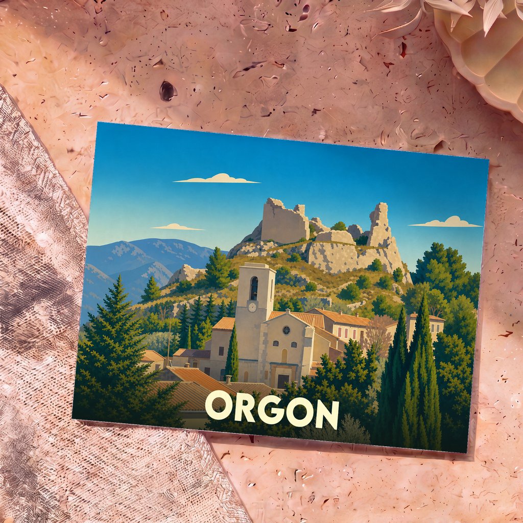 Carte postale souvenir de la ville d'Orgon avec une illustration stylisée de son église et de son château en ruine.