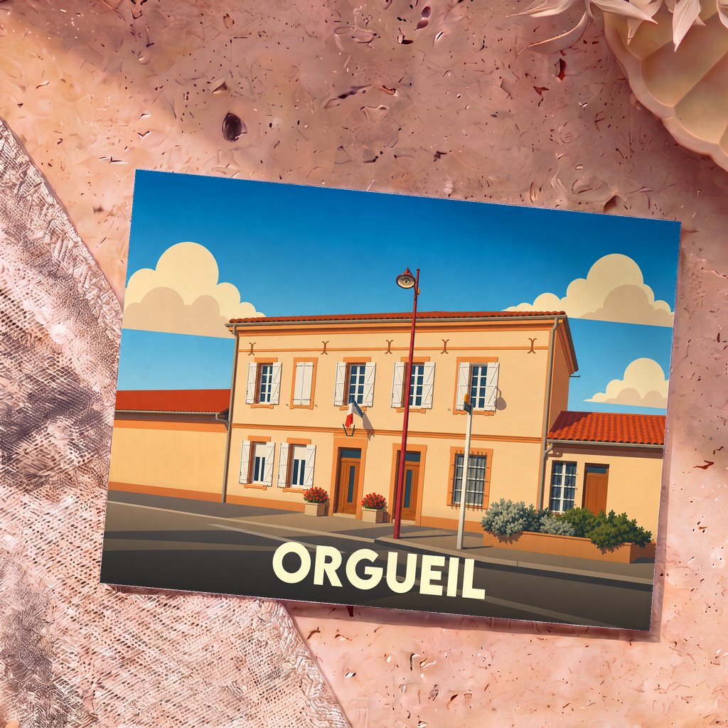 Carte postale souvenir de la ville d'Orgueil illustrant sa mairie dans un style graphique épuré.