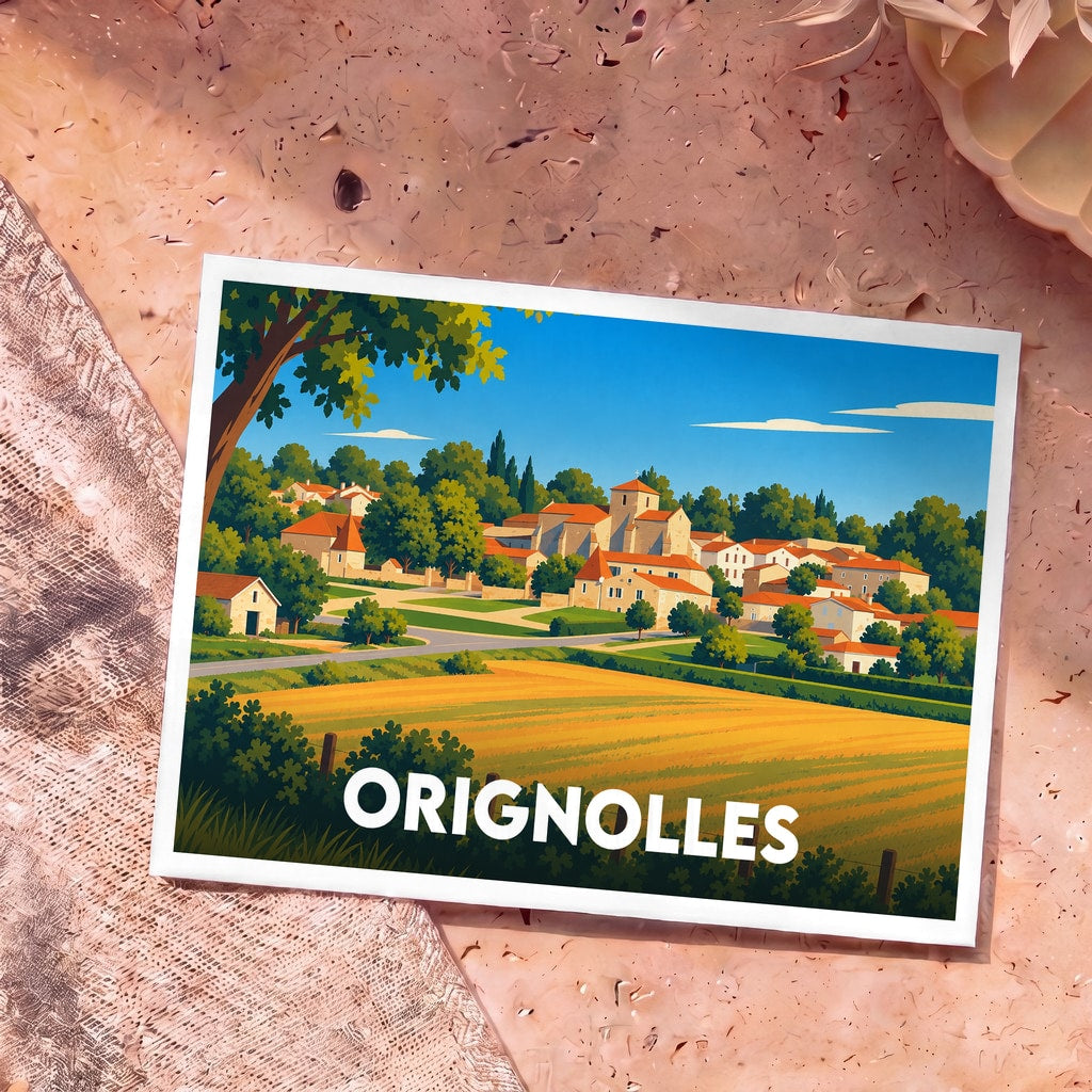 Carte postale souvenir de la ville d'Orignolles avec une illustration stylisée d'un village de campagne.