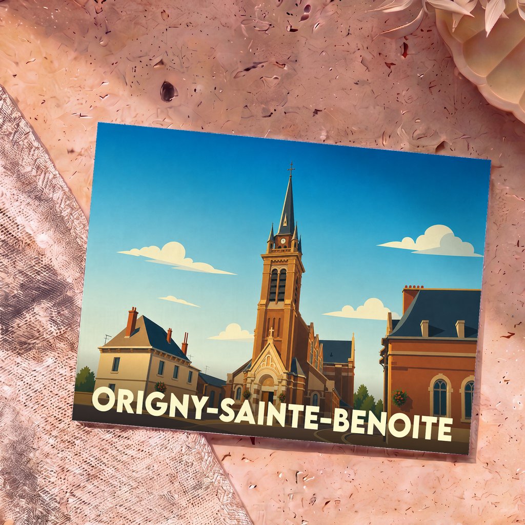 Carte postale souvenir de la ville d'Origny-Sainte-Benoite avec une illustration stylisée de son église.