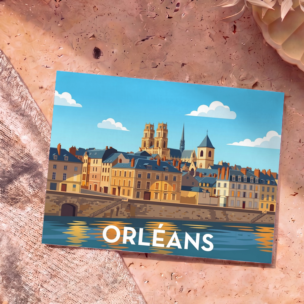 Carte postale souvenir de la ville d'Orléans avec une illustration stylisée de son front de Loire et de sa cathédrale.