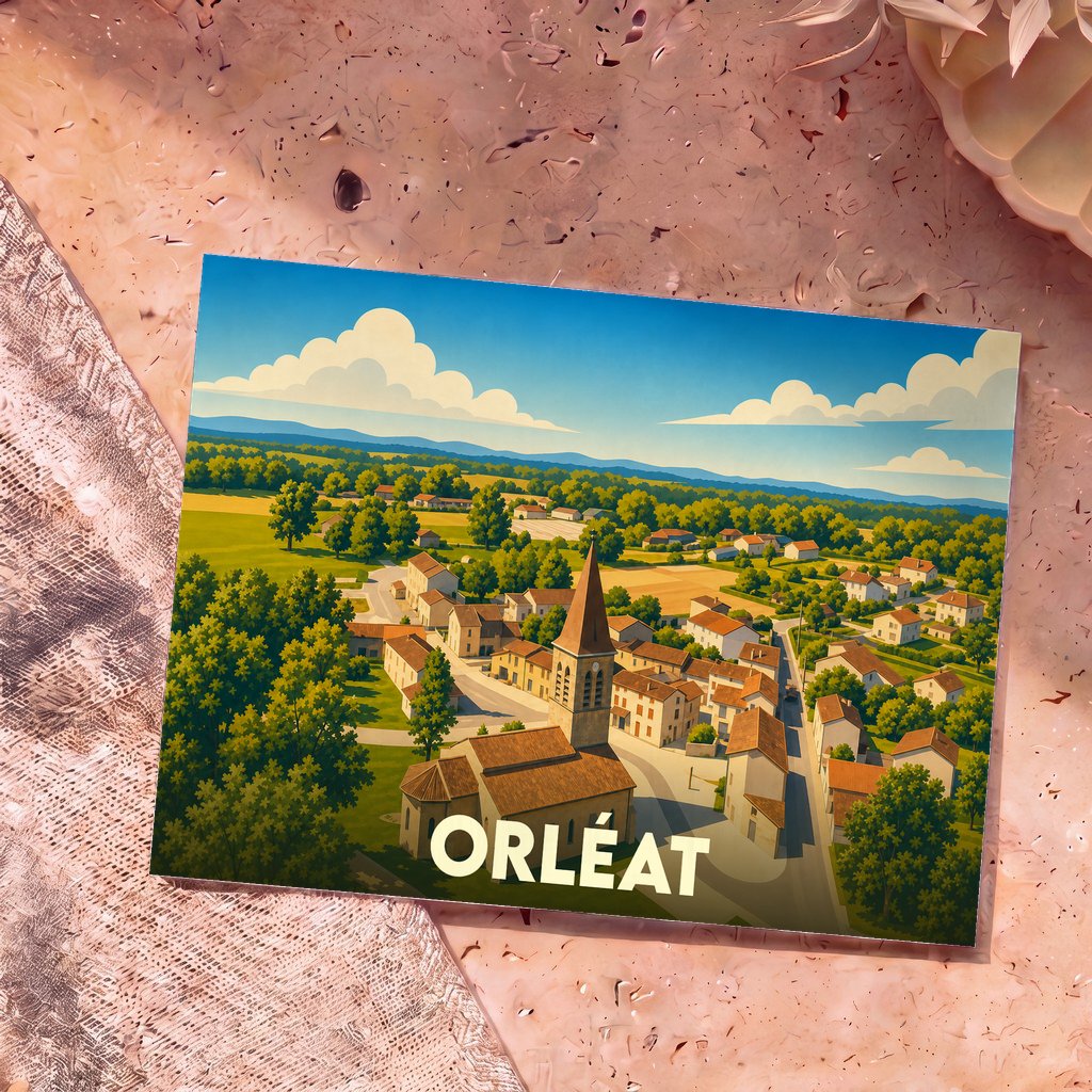 Carte postale souvenir de la ville d'Orléat avec une illustration stylisée d'un village pittoresque et de son église.