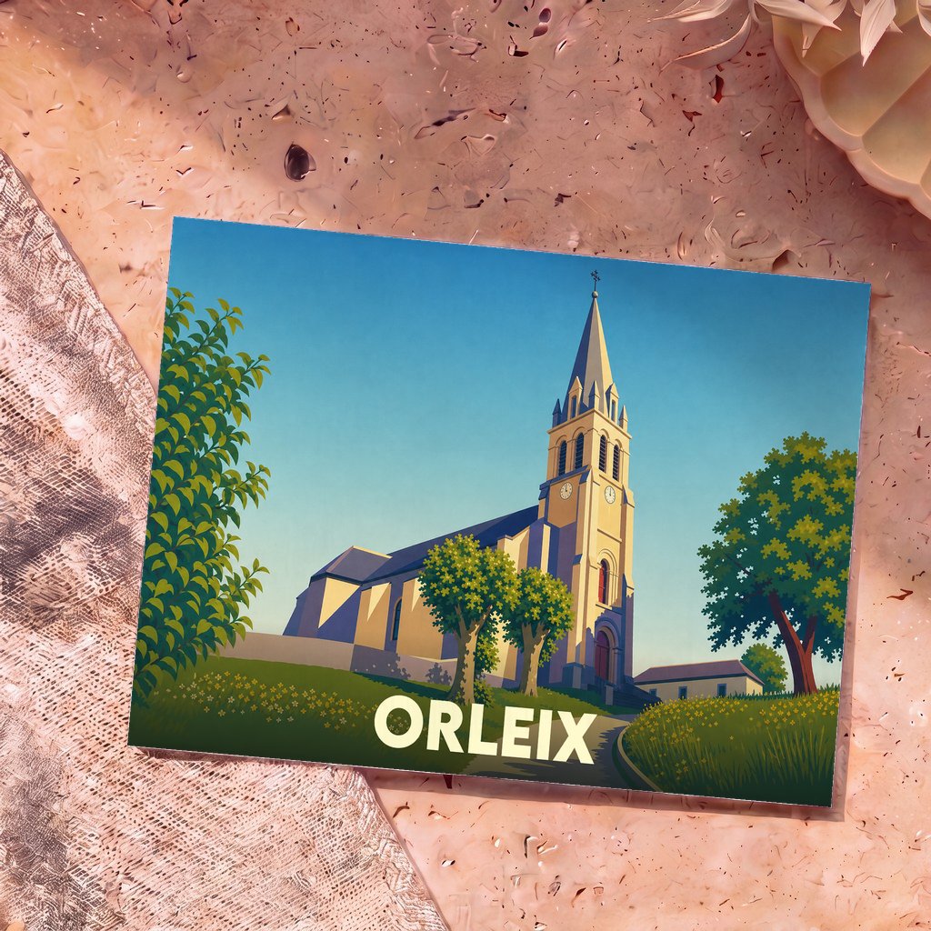 Carte postale souvenir de la ville d'Orleix illustrant son église dans un style graphique épuré et coloré.