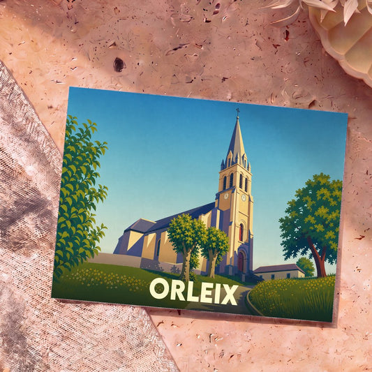 Carte postale souvenir de la ville d'Orleix illustrant son église dans un style graphique épuré et coloré.