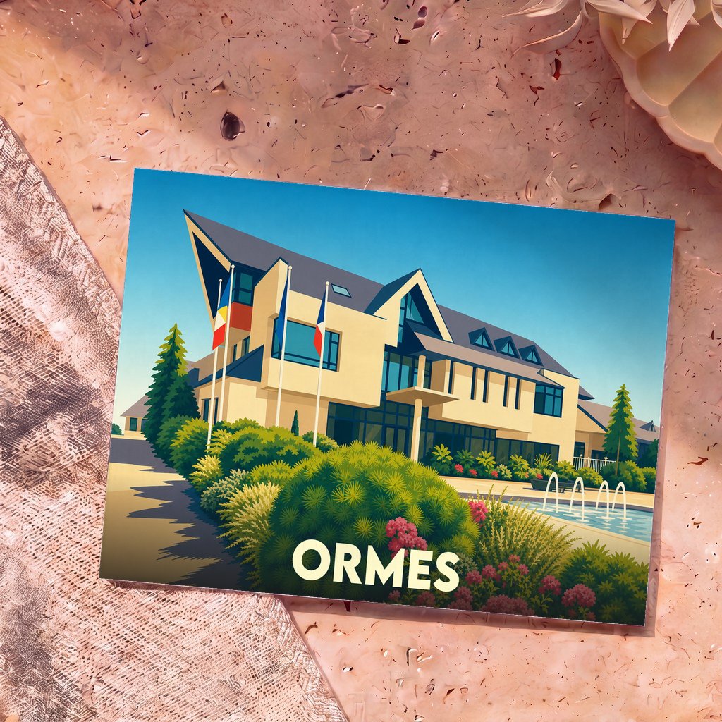Carte postale souvenir de la ville d'Ormes arborant une illustration stylisée de son hôtel de ville.