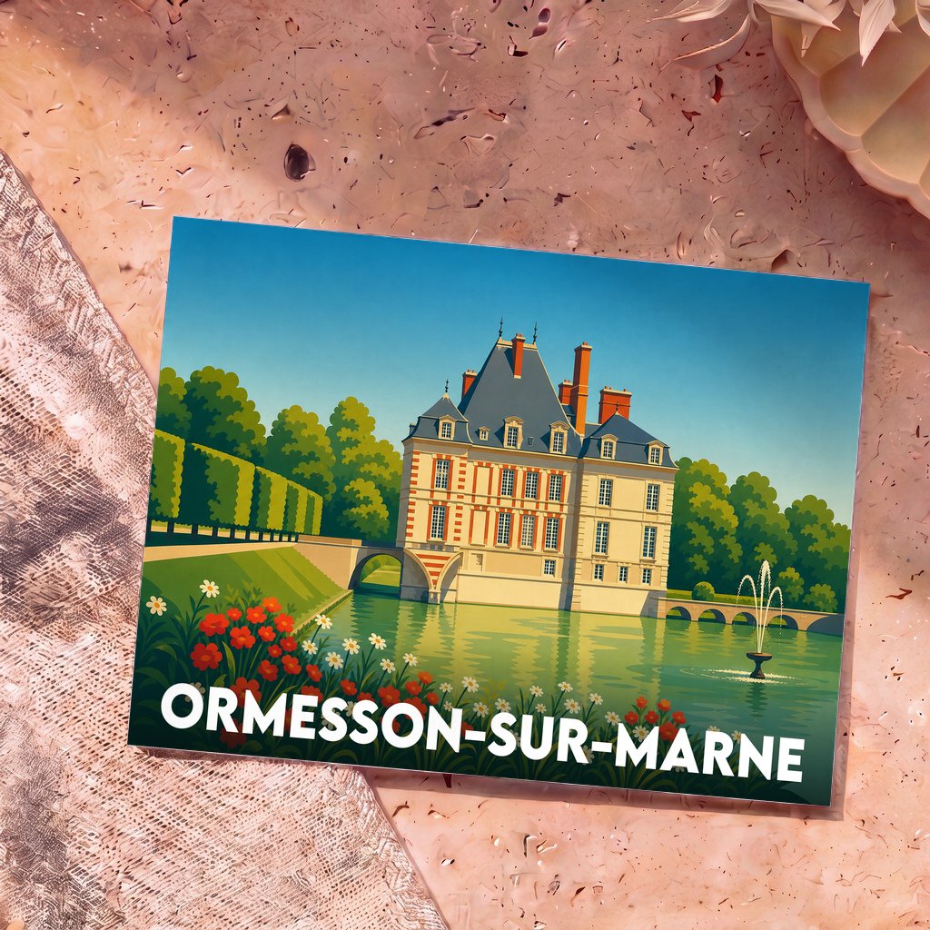 Carte postale souvenir d'Ormesson-sur-Marne illustrant son château au bord de l'eau dans un style graphique épuré.