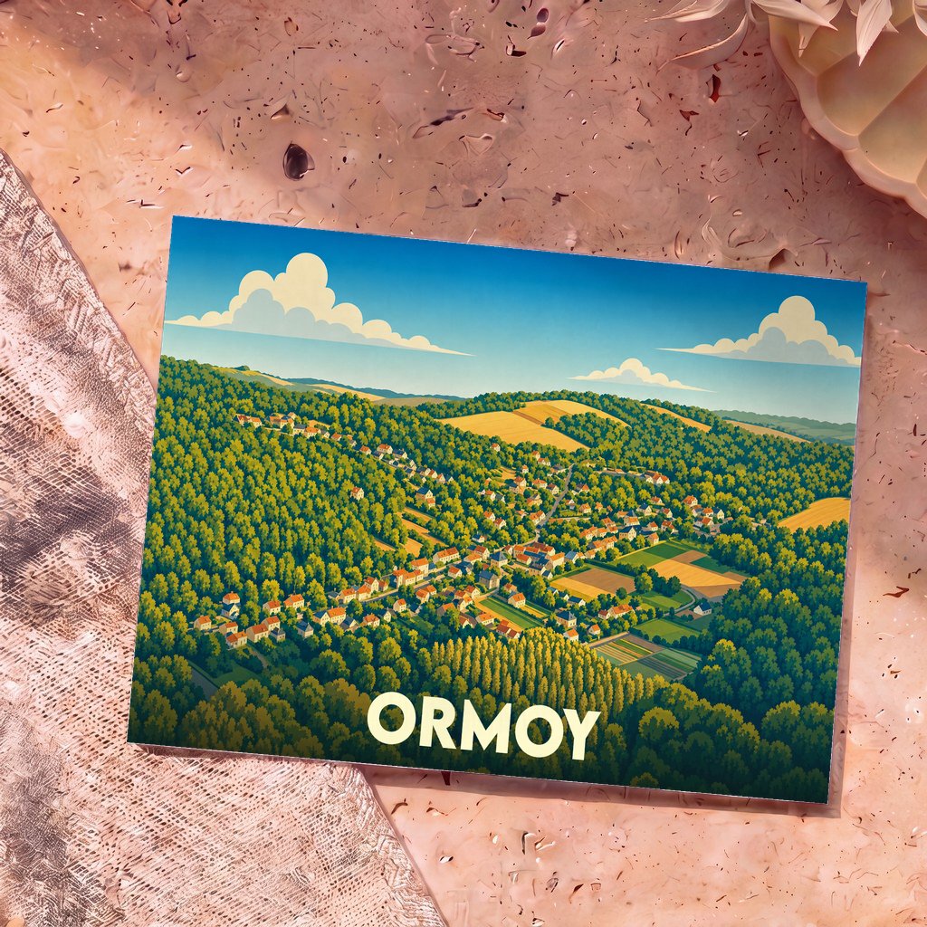 Carte postale souvenir de la ville d'Ormoy avec une illustration stylisée de son paysage vallonné et arboré.