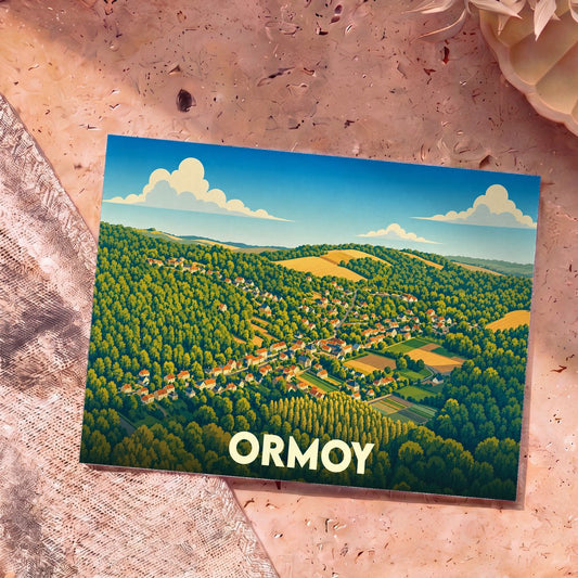 Carte postale souvenir de la ville d'Ormoy avec une illustration stylisée de son paysage vallonné et arboré.