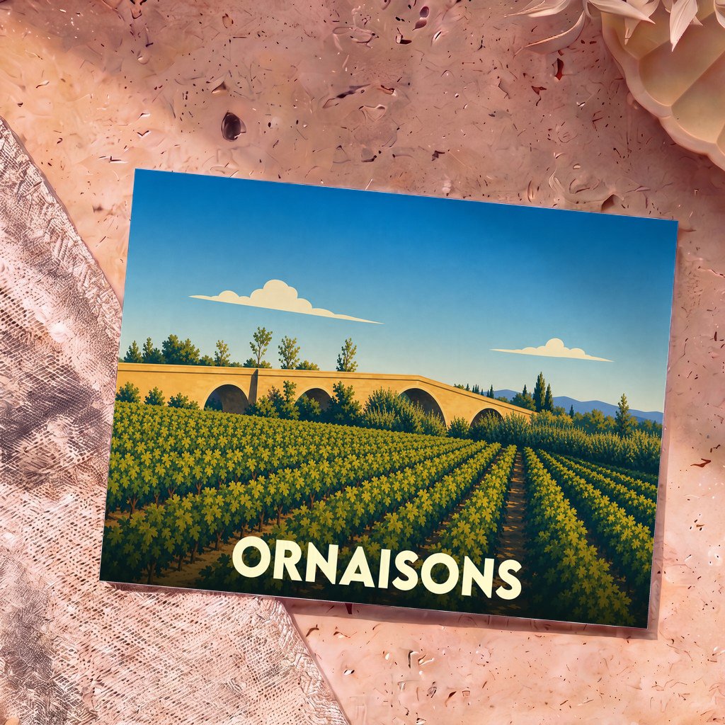 Carte postale souvenir de la ville d'Ornaisons avec une illustration stylisée d'un vignoble et d'un pont de pierre.