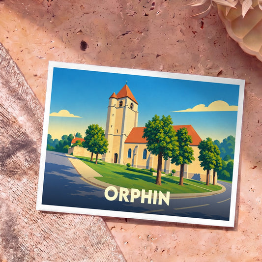 Carte postale souvenir de la ville d'Orphin avec une illustration stylisée de son église.