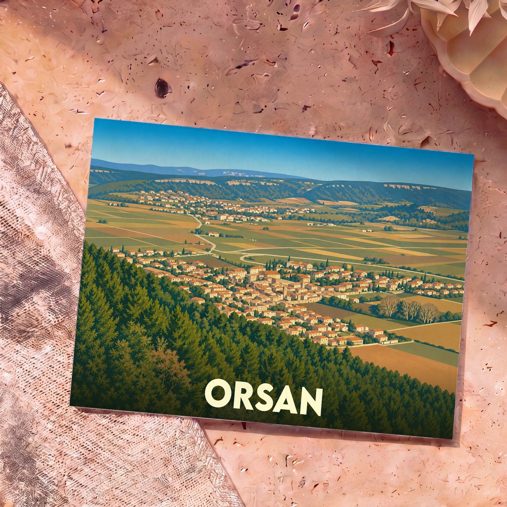 Carte postale souvenir de la ville d'Orsan avec une illustration stylisée de son paysage vallonné.