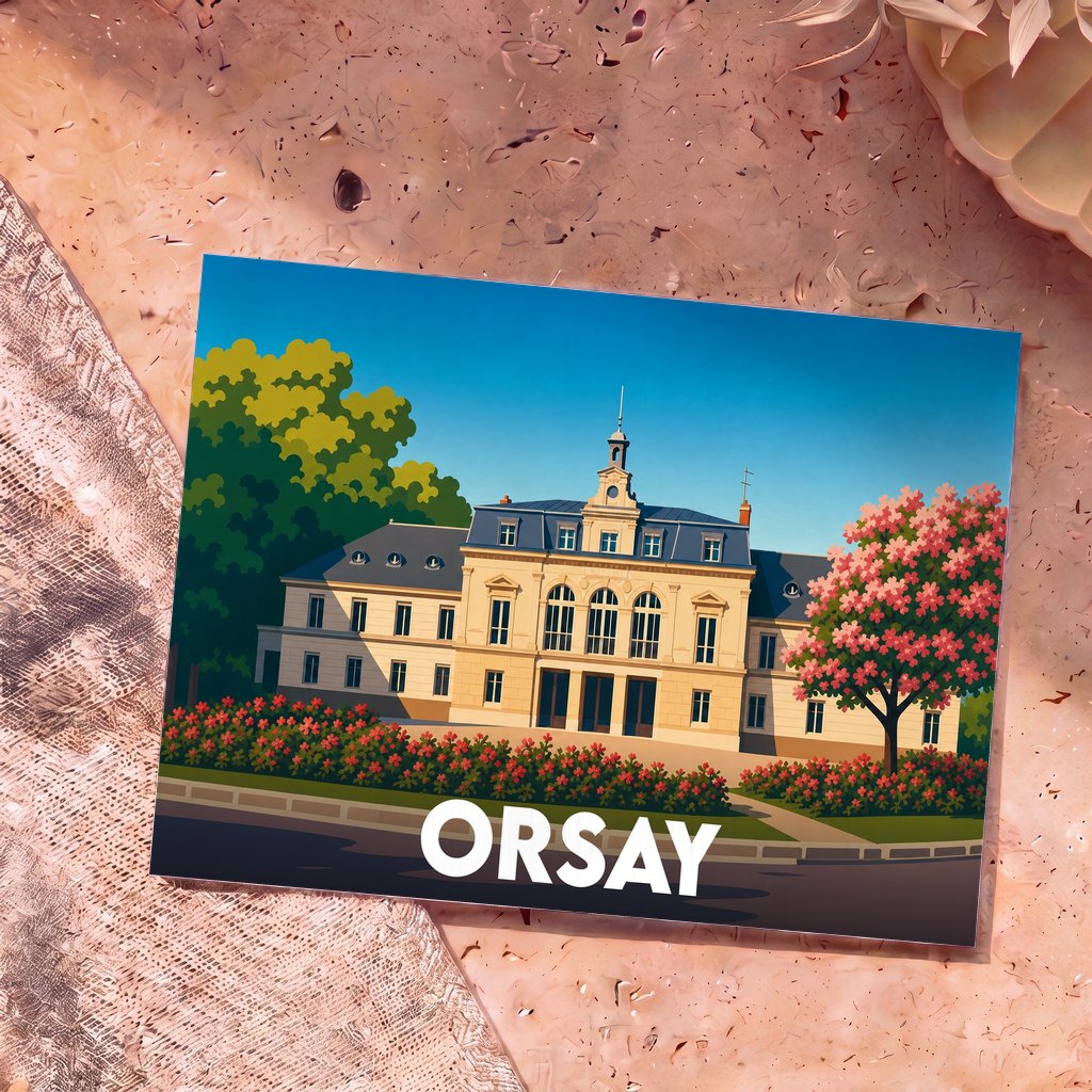 Carte postale souvenir de la ville d'Orsay avec une illustration stylisée de son hôtel de ville.