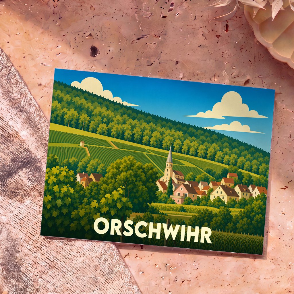 Carte postale souvenir de la ville d'Orschwihr avec une illustration stylisée de son paysage vallonné et de ses vignobles.