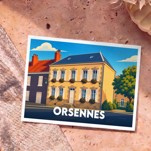 Carte postale souvenir de la ville d'Orsennes avec une illustration stylisée d'une maison fleurie.