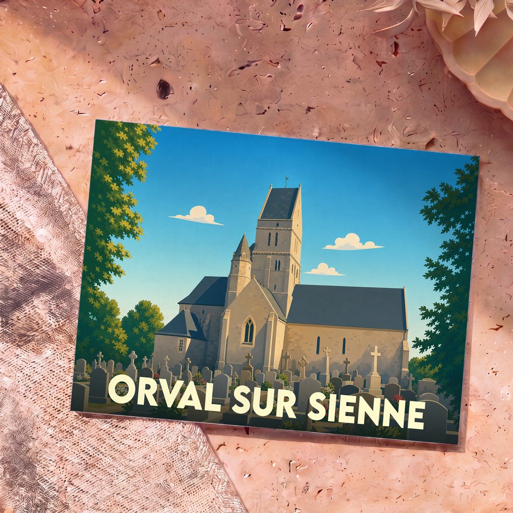 Carte postale souvenir de la commune d'Orval sur Sienne avec une illustration stylisée de son église et son cimetière.