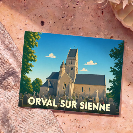 Carte postale souvenir de la commune d'Orval sur Sienne avec une illustration stylisée de son église et son cimetière.