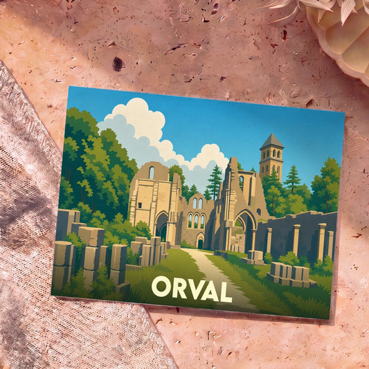 Carte postale souvenir d'Orval présentant une illustration stylisée des ruines de son abbaye entourées de verdure.