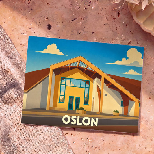 Carte postale souvenir de la ville d'Oslon avec une illustration stylisée de son architecture sous un ciel bleu.