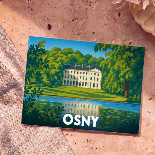 Carte postale souvenir de la ville d'Osny arborant une illustration stylisée du château de Grouchy et de son parc.