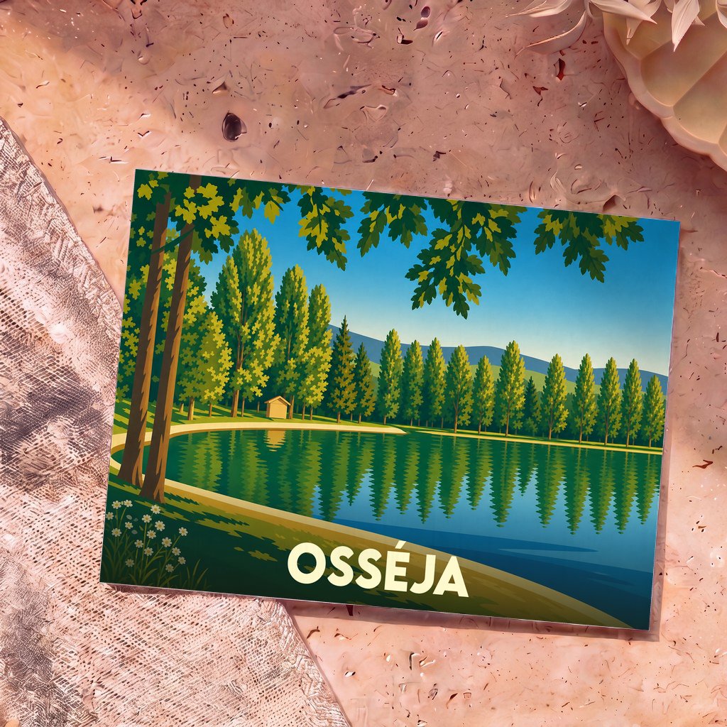Carte postale souvenir de la ville d'Osséja illustrant un lac bordé d'arbres dans un style graphique épuré.