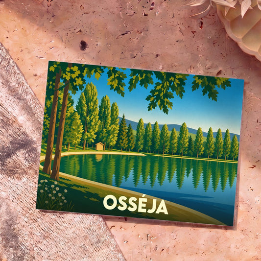 Carte postale souvenir de la ville d'Osséja illustrant un lac bordé d'arbres dans un style graphique épuré.