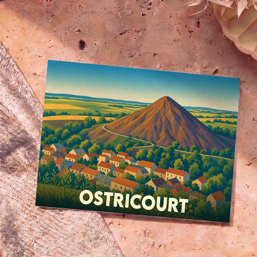 Carte postale souvenir de la ville d'Ostricourt illustrant un terril surplombant le village dans un style graphique épuré.