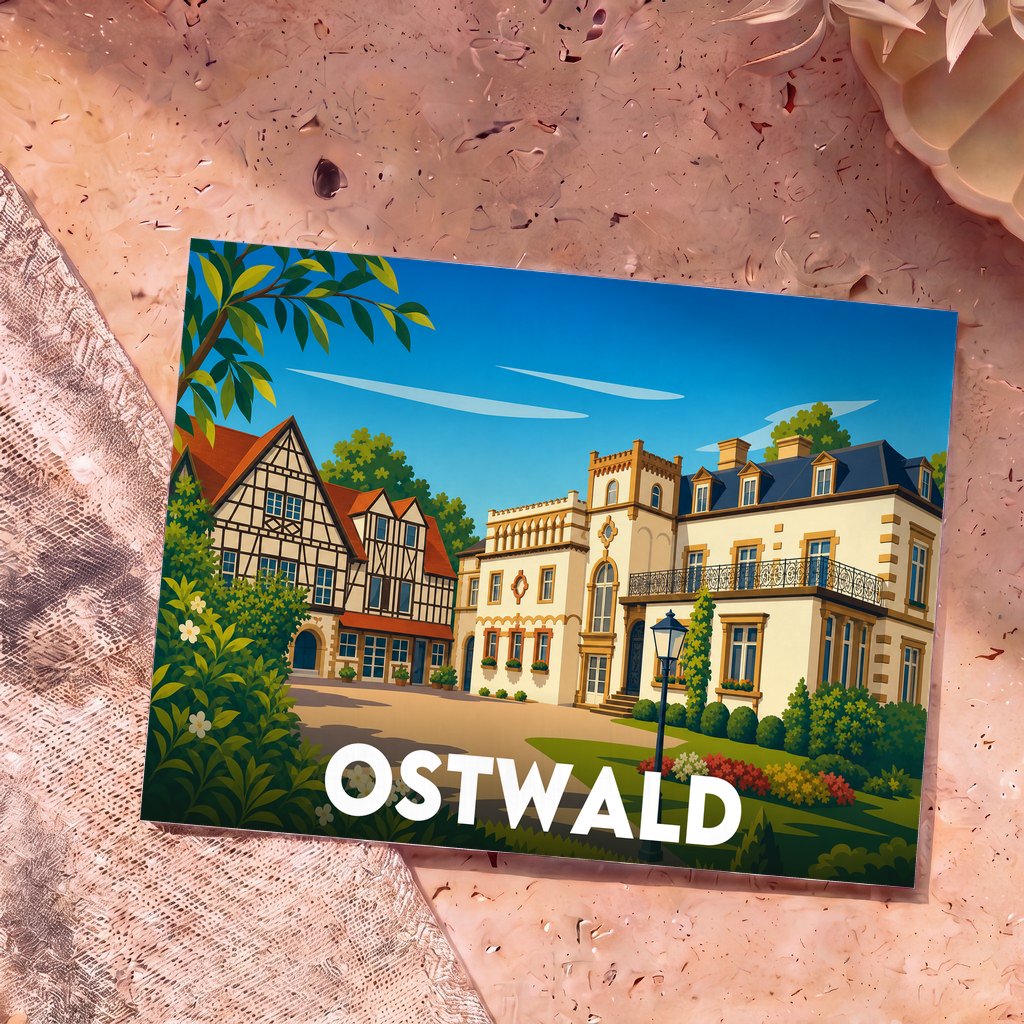 Carte postale souvenir de la ville d'Ostwald avec une illustration stylisée de bâtiments historiques.
