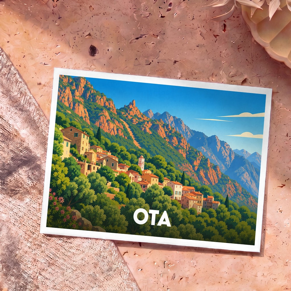 Carte postale souvenir de la ville d'Ota avec une illustration stylisée de ses montagnes et de ses maisons nichées dans la verdure.