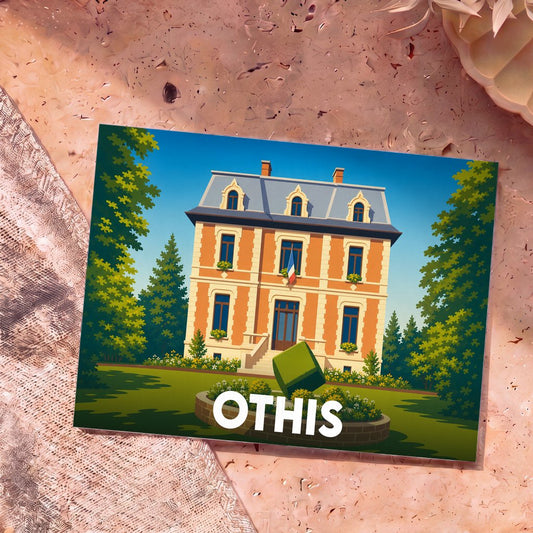 Carte postale souvenir de la ville d'Othis illustrant sa mairie dans un style graphique et coloré.