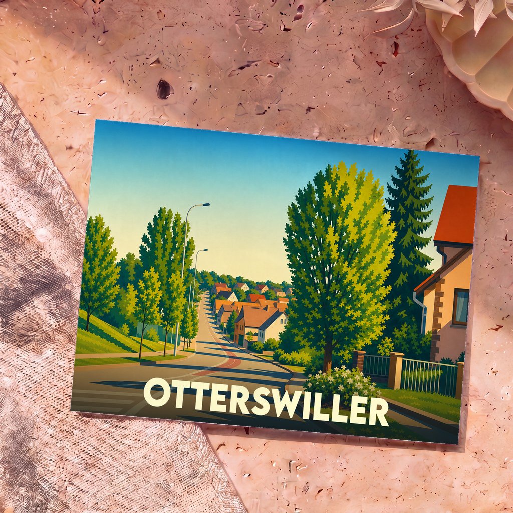Carte postale souvenir de la ville d'Otterswiller avec une illustration stylisée et colorée de ses rues.