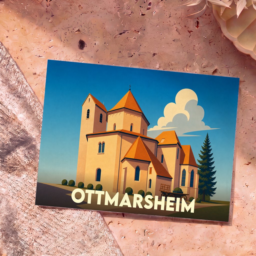 Carte postale souvenir de la ville d'Ottmarsheim illustrant son église abbatiale dans un style graphique épuré.