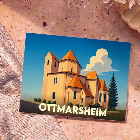 Carte postale souvenir de la ville d'Ottmarsheim illustrant son église abbatiale dans un style graphique épuré.