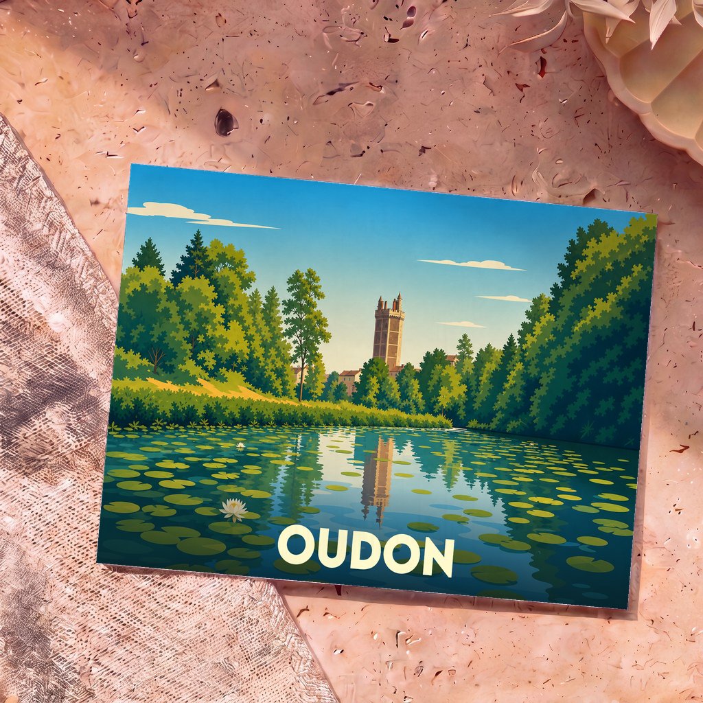 Carte postale souvenir de la ville d'Oudon avec une illustration stylisée d'un château se reflétant dans une eau couverte de nénuphars.