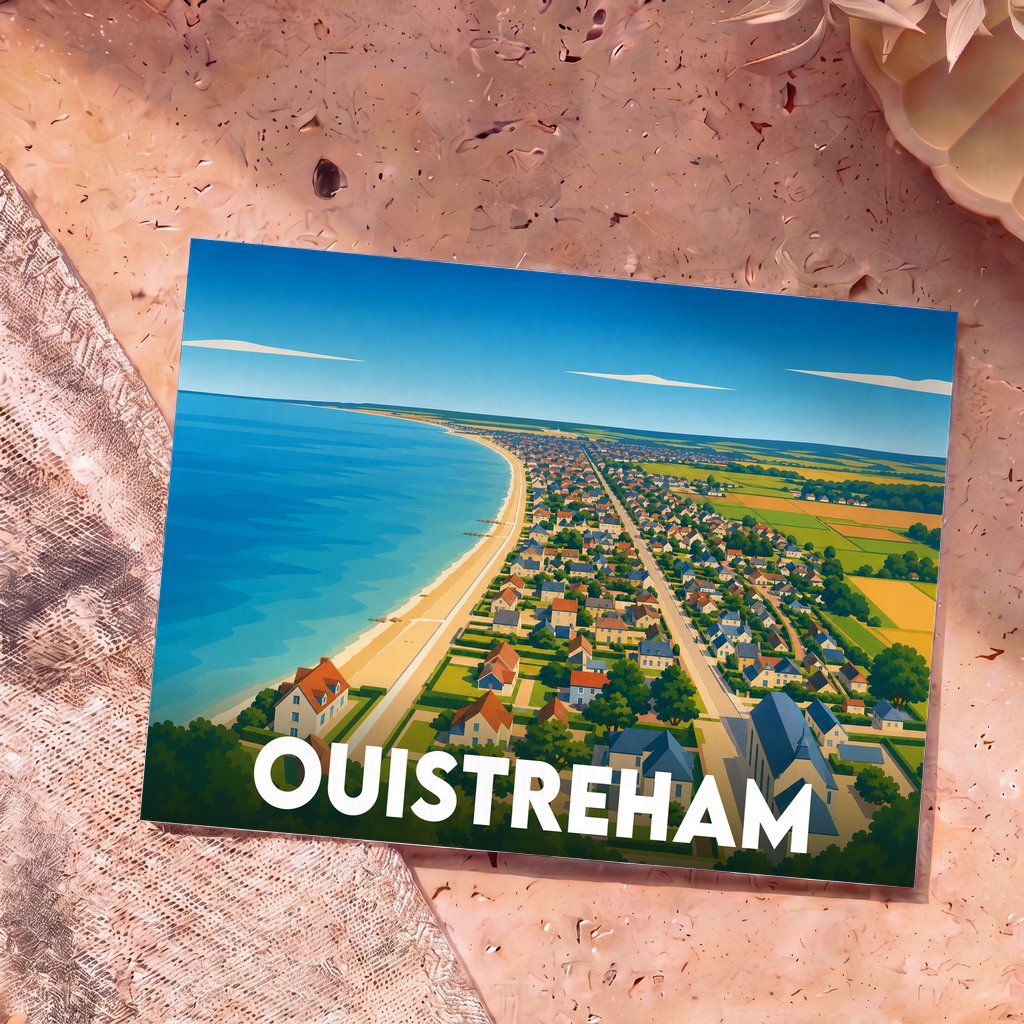 Carte postale souvenir de la ville de Ouistreham avec une illustration stylisée vue du ciel.