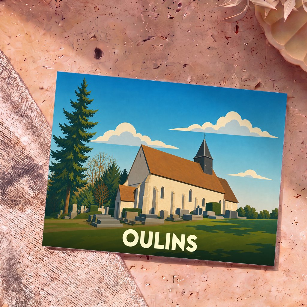 Carte postale souvenir de la ville d'Oulins avec une illustration stylisée de son église et de son cimetière.