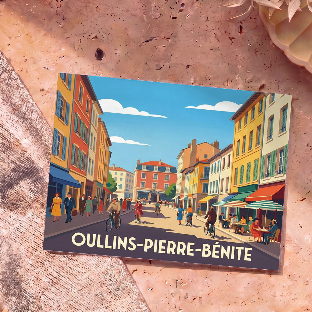 Carte postale souvenir de la ville d'Oullins-Pierre-Bénite illustrant une scène de rue animée et colorée.
