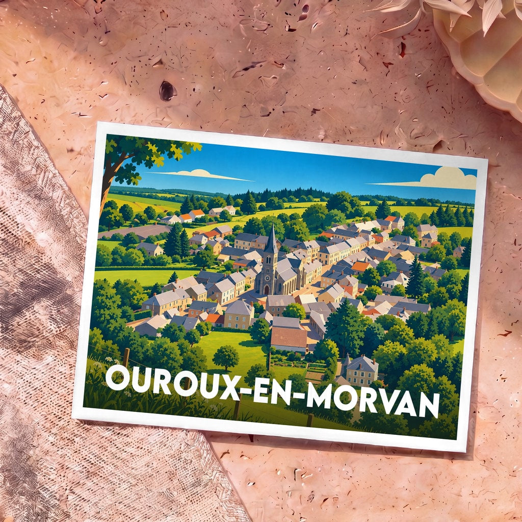 Carte postale souvenir de la ville d'Ouroux-en-Morvan avec une illustration stylisée d'un village de campagne.