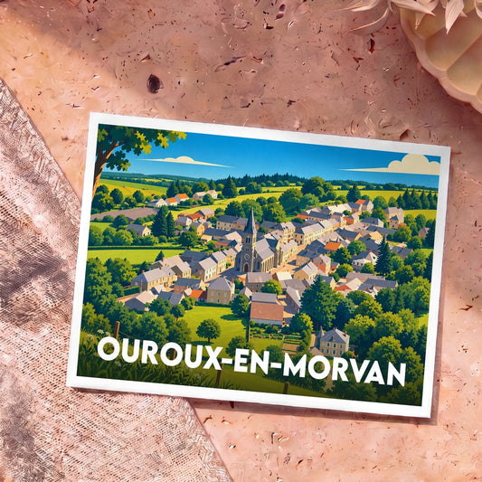 Carte postale souvenir de la ville d'Ouroux-en-Morvan avec une illustration stylisée d'un village de campagne.