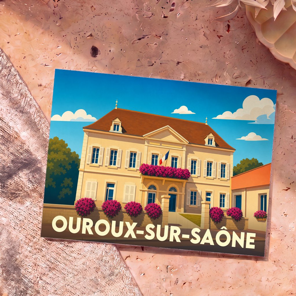 Carte postale souvenir de la ville d'Ouroux-sur-Saône avec une illustration stylisée de sa mairie.