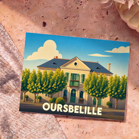Carte postale souvenir de la ville d'Oursbelille avec une illustration stylisée d'une grande demeure arborée.