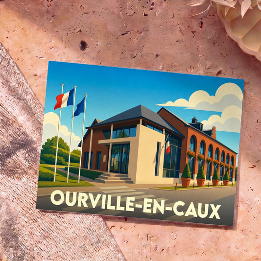Carte postale souvenir de la ville de Ourville-en-Caux illustrant la mairie avec un style graphique moderne.