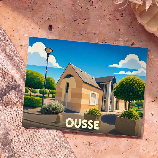 Carte postale souvenir de la ville d'Ousse avec une illustration colorée et stylisée de son architecture.