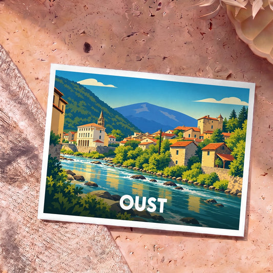 Carte postale souvenir de la ville d'Oust avec une illustration stylisée d'un village de montagne au bord d'une rivière.