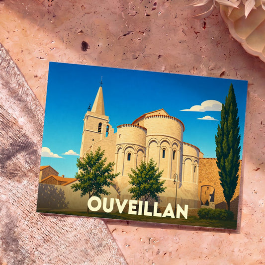 Carte postale souvenir de la ville d'Ouveillan avec une illustration stylisée de son église romane sous un ciel bleu.