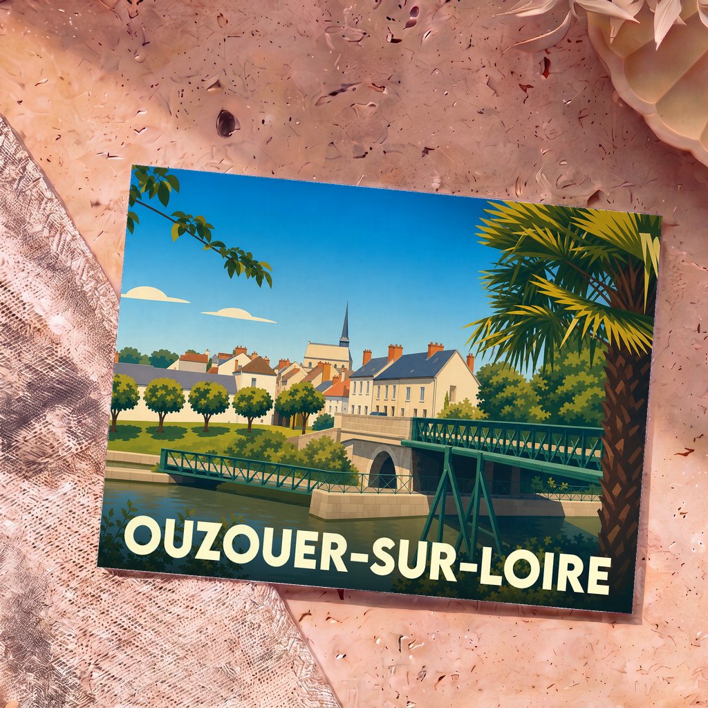 Carte postale souvenir de la ville d'Ouzouer-sur-Loire avec une illustration stylisée.