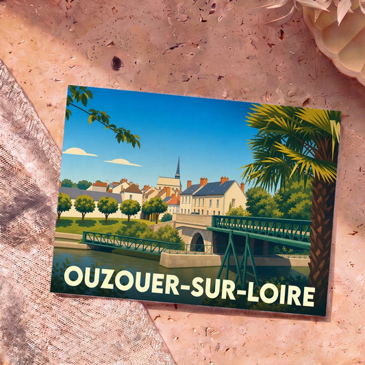 Carte postale souvenir de la ville d'Ouzouer-sur-Loire avec une illustration stylisée.