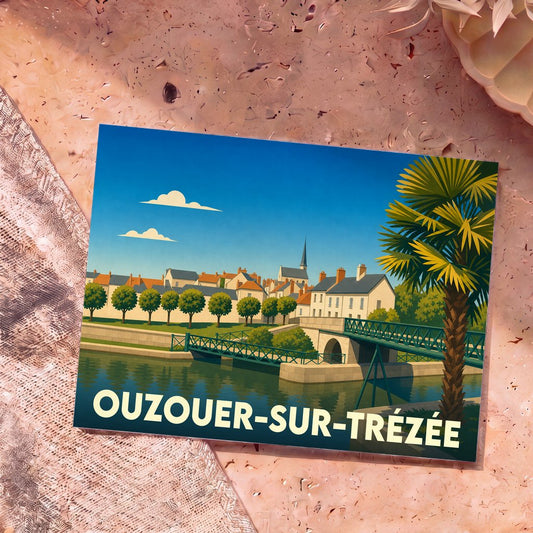 Carte postale souvenir de la ville d'Ouzouer-sur-Trézée avec une illustration stylisée d'un pont et de son église.