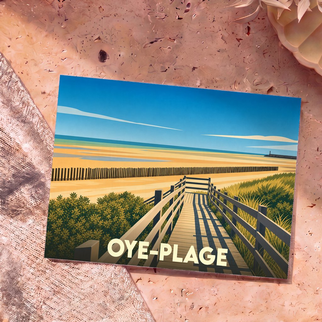 Carte postale souvenir de la ville de Oye-Plage avec une illustration stylisée d'un chemin de bois menant à la plage.