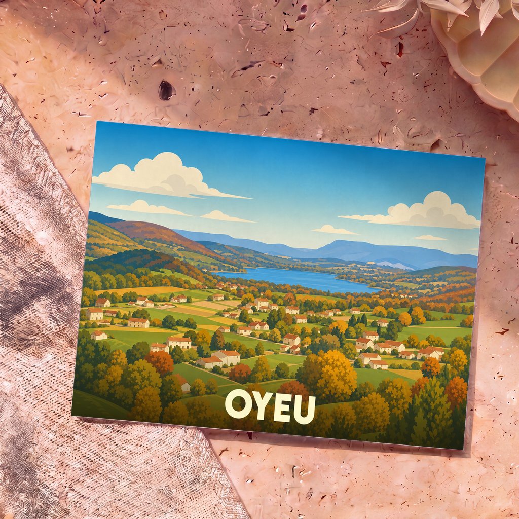 Carte postale souvenir de la ville de Oyeu avec une illustration stylisée d'un paysage vallonné et de son lac.